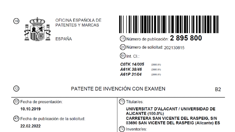 Portada de la patente ES2895800 concedida a la Universidad de Alicante